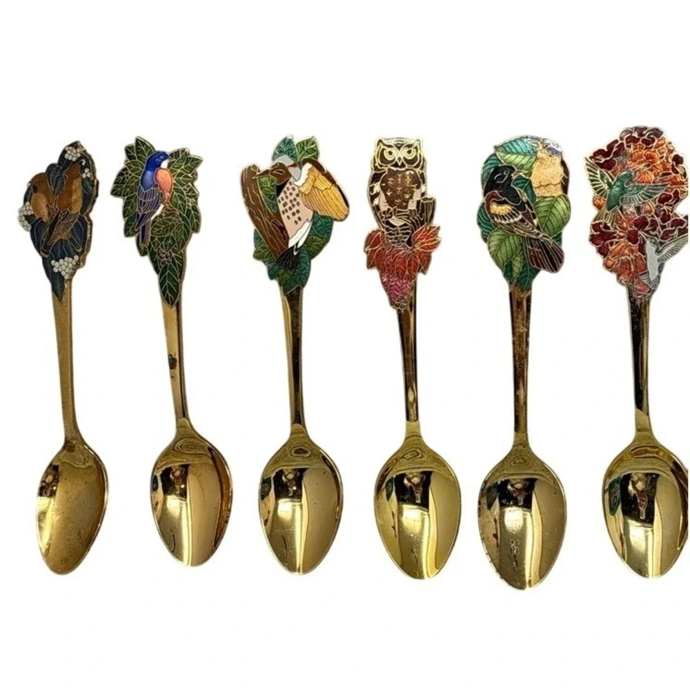 Vtg Hallmark‎ Bird Souvenir Spoons Gold Tone Set of 6 Cloisonne Enamel